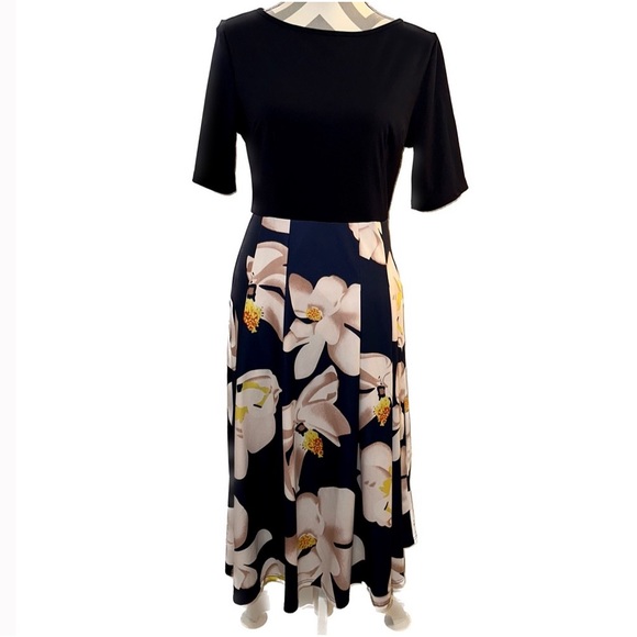 Beautiful navy blue dress with floral skirt and orange sash tie back zip large - Picture 3 of 13